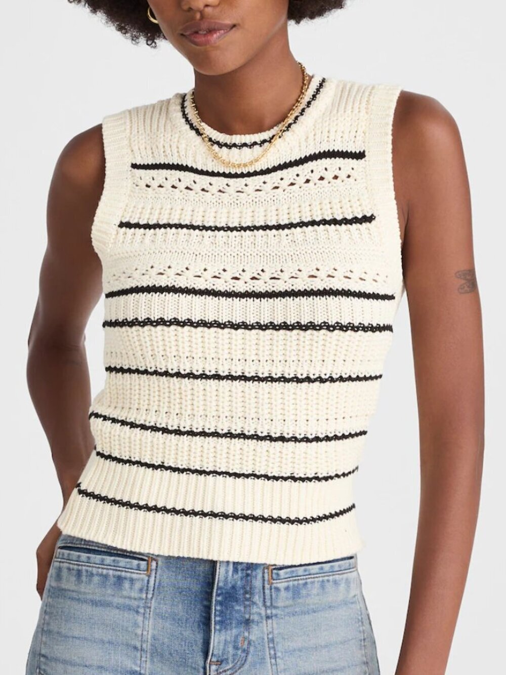 Madewell Striped Crewneck Slim Fit Cotton Sweater Vest White Black Size XXS NWT